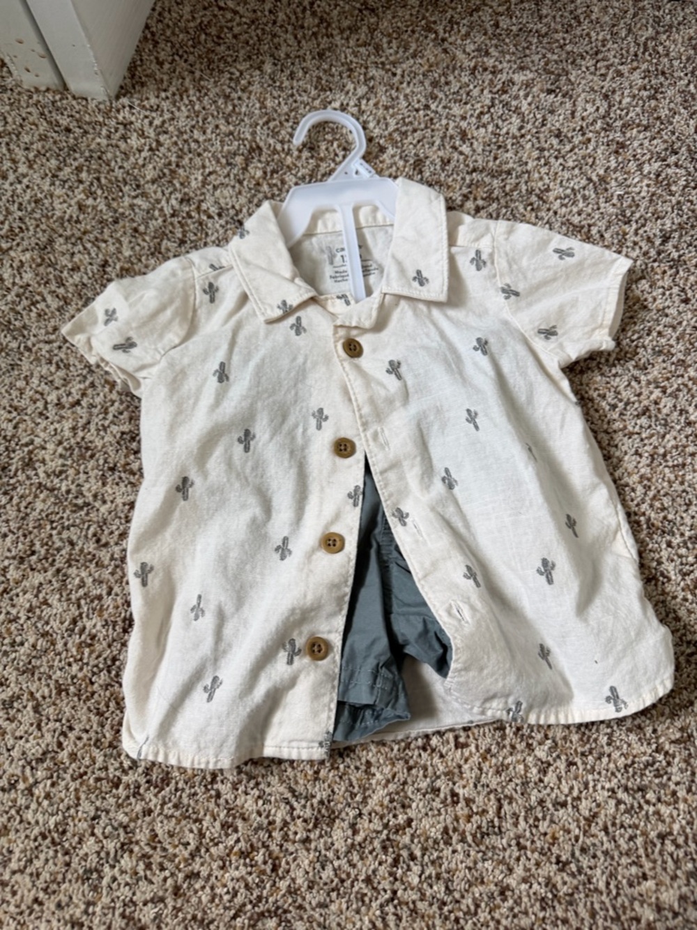 Carter's Cream Short-Sleeve Button Down Shirt with Gray Cactus Print